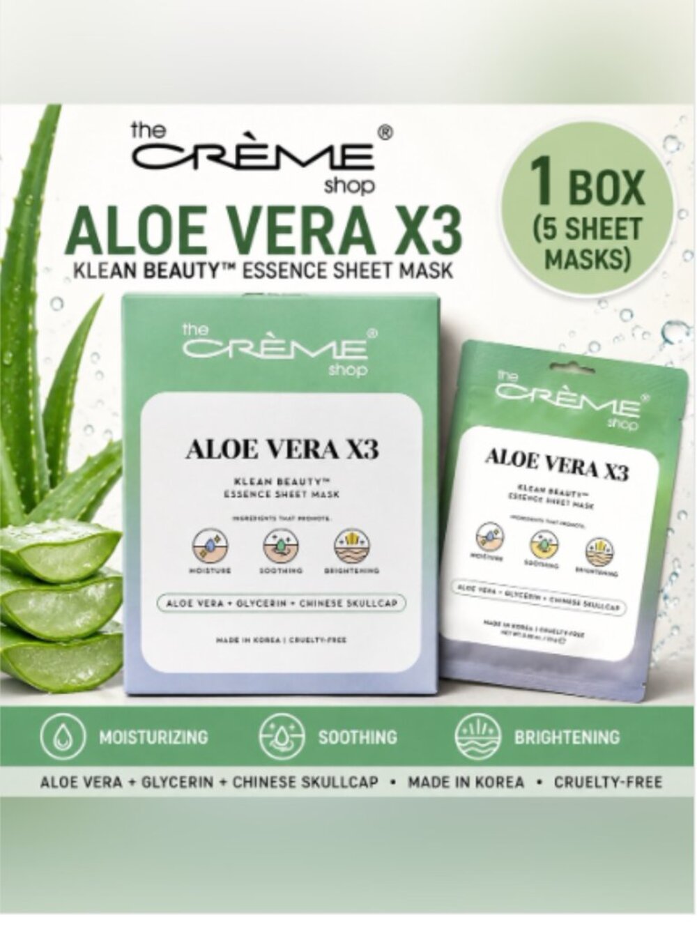 The Crème Shop Aloe Vera X3- 5 Sheet Mask- 1 Box